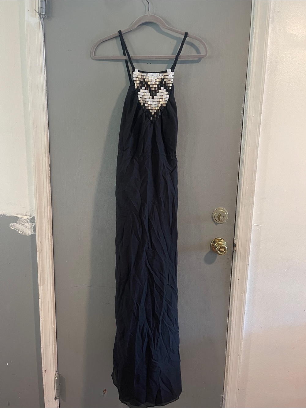 Madison Marcus Black Maxi Dress with White Beaded Chevron Size XS